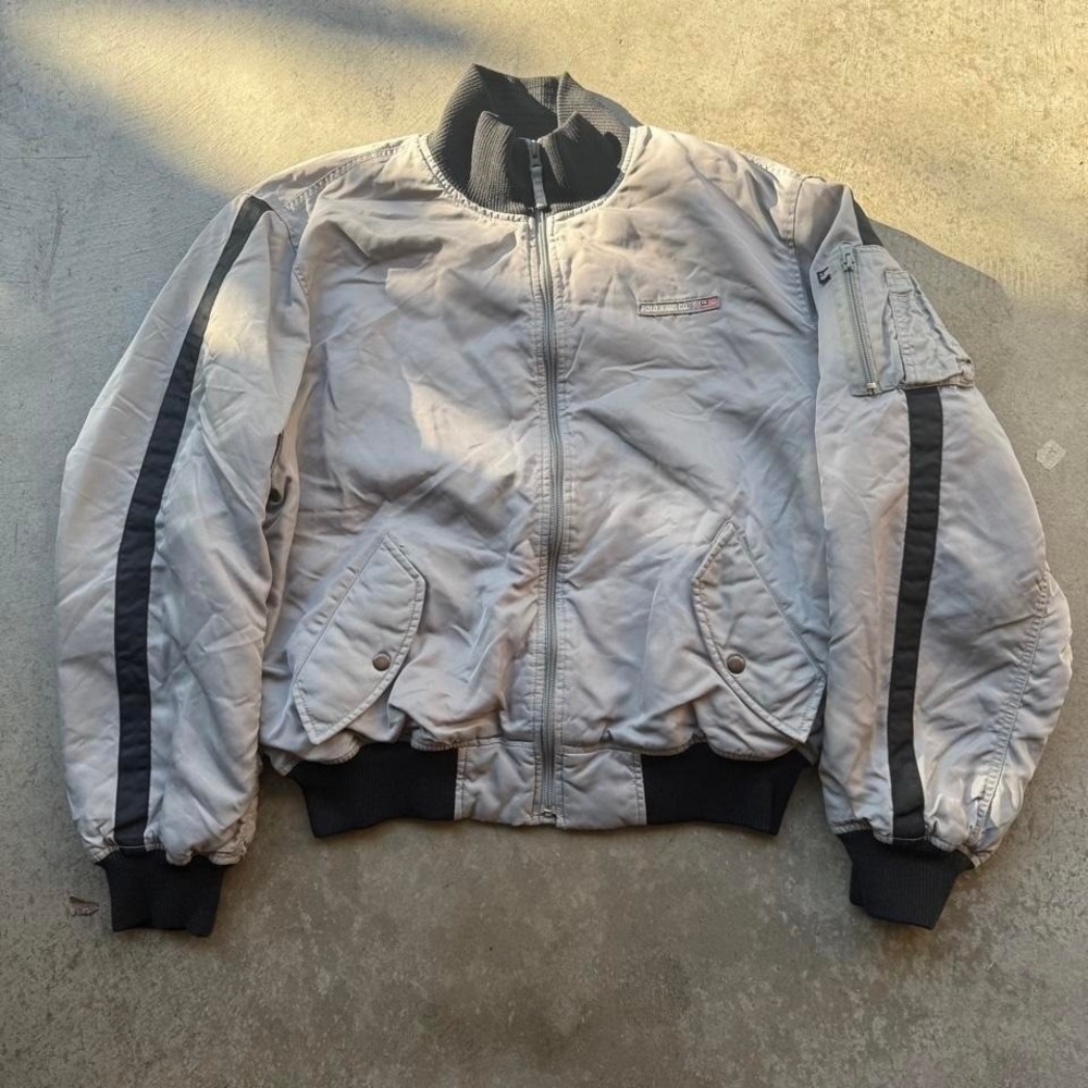Vintage 90s Polo Ralph Lauren Jeans Grey Black Pinstripe Bomber Military Jacket
